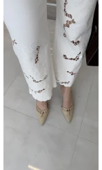 Ow Yüksek Bel Denim Nakışlı Pantolon - Ekru - Kod: 0904-1