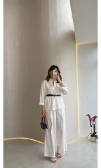 Kemerli Bel Detaylı Gömlek Pantolon Takım - Ekru - Kod: 58485
