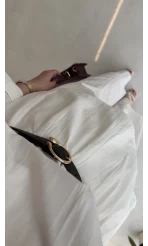 Kemerli Bel Detaylı Gömlek Pantolon Takım - Ekru - Kod: 58485