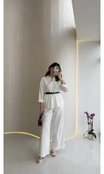 Kemerli Bel Detaylı Gömlek Pantolon Takım - Ekru - Kod: 58485