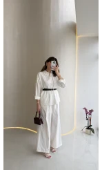 Kemerli Bel Detaylı Gömlek Pantolon Takım - Ekru - Kod: 58485