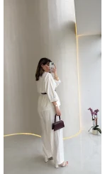 Kemerli Bel Detaylı Gömlek Pantolon Takım - Ekru - Kod: 58485