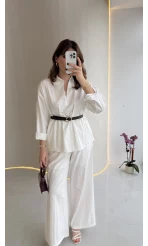 Kemerli Bel Detaylı Gömlek Pantolon Takım - Ekru - Kod: 58485