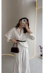 Kemerli Bel Detaylı Gömlek Pantolon Takım - Ekru - Kod: 58485