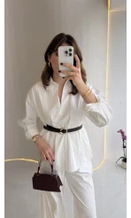 Kemerli Bel Detaylı Gömlek Pantolon Takım - Ekru - Kod: 58485