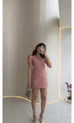 Amore Balon Kol Mini Elbise - Pudra - Kod: 041