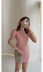 Amore Balon Kol Mini Elbise - Pudra - Kod: 041