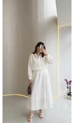 Darwin Brode Detaylı Gömlek-Etek Takım - Beyaz - Kod: 2245 5079