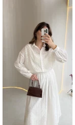 Darwin Brode Detaylı Gömlek-Etek Takım - Beyaz - Kod: 2245 5079