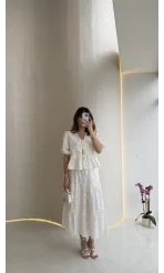 Elena Çiçek Dokulu Brode Detay Bluz Etek Takım - Ekru - Kod: 1072-5067