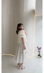 Elena Çiçek Dokulu Brode Detay Bluz Etek Takım - Ekru - Kod: 1072-5067