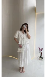 Elena Çiçek Dokulu Brode Detay Bluz Etek Takım - Ekru - Kod: 1072-5067