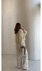 Ow Yüksek Bel Keten Nakışlı Pantolon - Bej - Kod: 251710