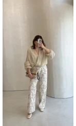 Ow Yüksek Bel Keten Nakışlı Pantolon - Bej - Kod: 251710