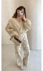 Ow Yüksek Bel Keten Nakışlı Pantolon - Bej - Kod: 251710