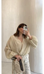 Lucca Vatkalı Beli Lastikli Balon Kol Bluz - Taş - Kod: 5048