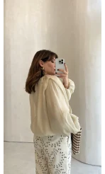 Lucca Vatkalı Beli Lastikli Balon Kol Bluz - Taş - Kod: 5048