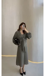 Bolerolu Midi Boy Elbise - Haki - Kod: 3367