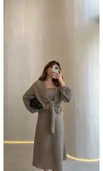 Bolerolu Midi Boy Elbise - Vizon - Kod: 3367