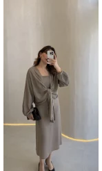 Bolerolu Midi Boy Elbise - Vizon - Kod: 3367