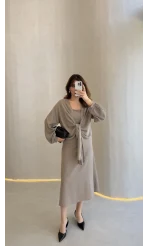 Bolerolu Midi Boy Elbise - Vizon - Kod: 3367