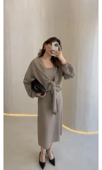 Bolerolu Midi Boy Elbise - Vizon - Kod: 3367