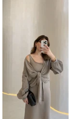 Bolerolu Midi Boy Elbise - Vizon - Kod: 3367