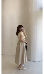 Kısa Kol Beli Lastikli Kemerli Elbise - Taş - Kod: 4113