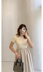 Kısa Kol Beli Lastikli Kemerli Elbise - Taş - Kod: 4113