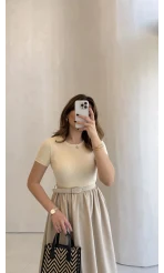 Kısa Kol Beli Lastikli Kemerli Elbise - Taş - Kod: 4113