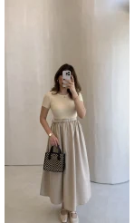 Kısa Kol Beli Lastikli Kemerli Elbise - Taş - Kod: 4113