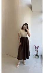 Kısa Kol Beli Lastikli Kemerli Elbise - Kahverengi - Kod: 4113