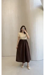 Kısa Kol Beli Lastikli Kemerli Elbise - Kahverengi - Kod: 4113