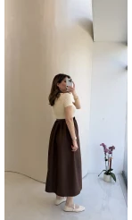 Kısa Kol Beli Lastikli Kemerli Elbise - Kahverengi - Kod: 4113