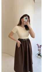 Kısa Kol Beli Lastikli Kemerli Elbise - Kahverengi - Kod: 4113