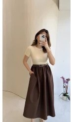 Kısa Kol Beli Lastikli Kemerli Elbise - Kahverengi - Kod: 4113