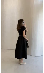 Kısa Kol Beli Lastikli Kemerli Elbise - Siyah - Kod: 4113