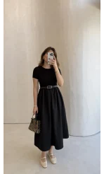 Kısa Kol Beli Lastikli Kemerli Elbise - Siyah - Kod: 4113