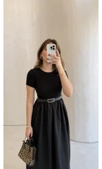 Kısa Kol Beli Lastikli Kemerli Elbise - Siyah - Kod: 4113