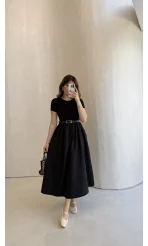 Kısa Kol Beli Lastikli Kemerli Elbise - Siyah - Kod: 4113