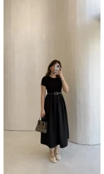 Kısa Kol Beli Lastikli Kemerli Elbise - Siyah - Kod: 4113