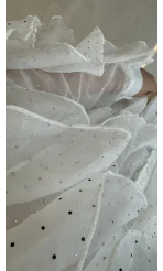 Taşlı Fırfır Detay Kuşaklı Elbise - Beyaz - Kod: 39369