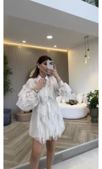 Taşlı Fırfır Detay Kuşaklı Elbise - Beyaz - Kod: 39369