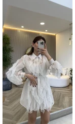 Taşlı Fırfır Detay Kuşaklı Elbise - Beyaz - Kod: 39369