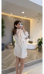 Taşlı Fırfır Detay Kuşaklı Elbise - Beyaz - Kod: 39369