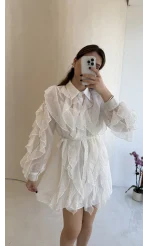 Taşlı Fırfır Detay Kuşaklı Elbise - Beyaz - Kod: 39369