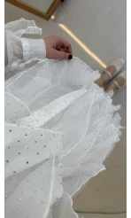 Taşlı Fırfır Detay Kuşaklı Elbise - Beyaz - Kod: 39369