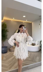 Taşlı Fırfır Detay Kuşaklı Elbise - Beyaz - Kod: 39369