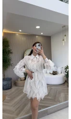 Taşlı Fırfır Detay Kuşaklı Elbise - Beyaz - Kod: 39369