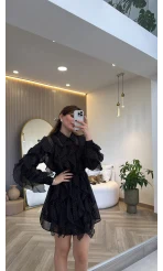 Taşlı Fırfır Detay Kuşaklı Elbise - Siyah - Kod: 39369